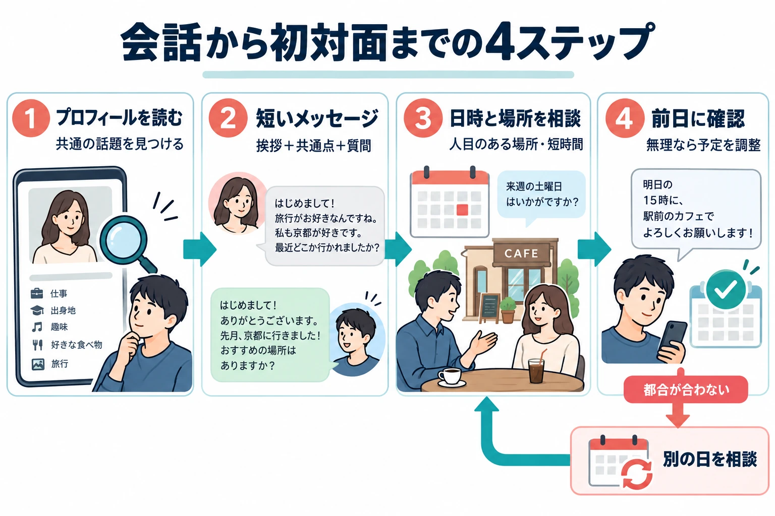 プロフィール確認から初対面までの4ステップ